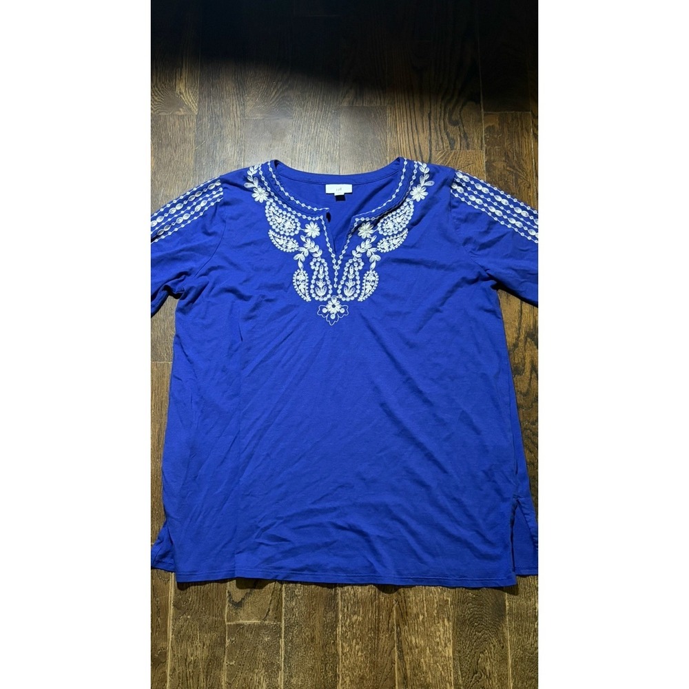 J Jill Tunic Shirt Womens L Petite Royal Blue Embroidered Boho 3/4 Sleeve